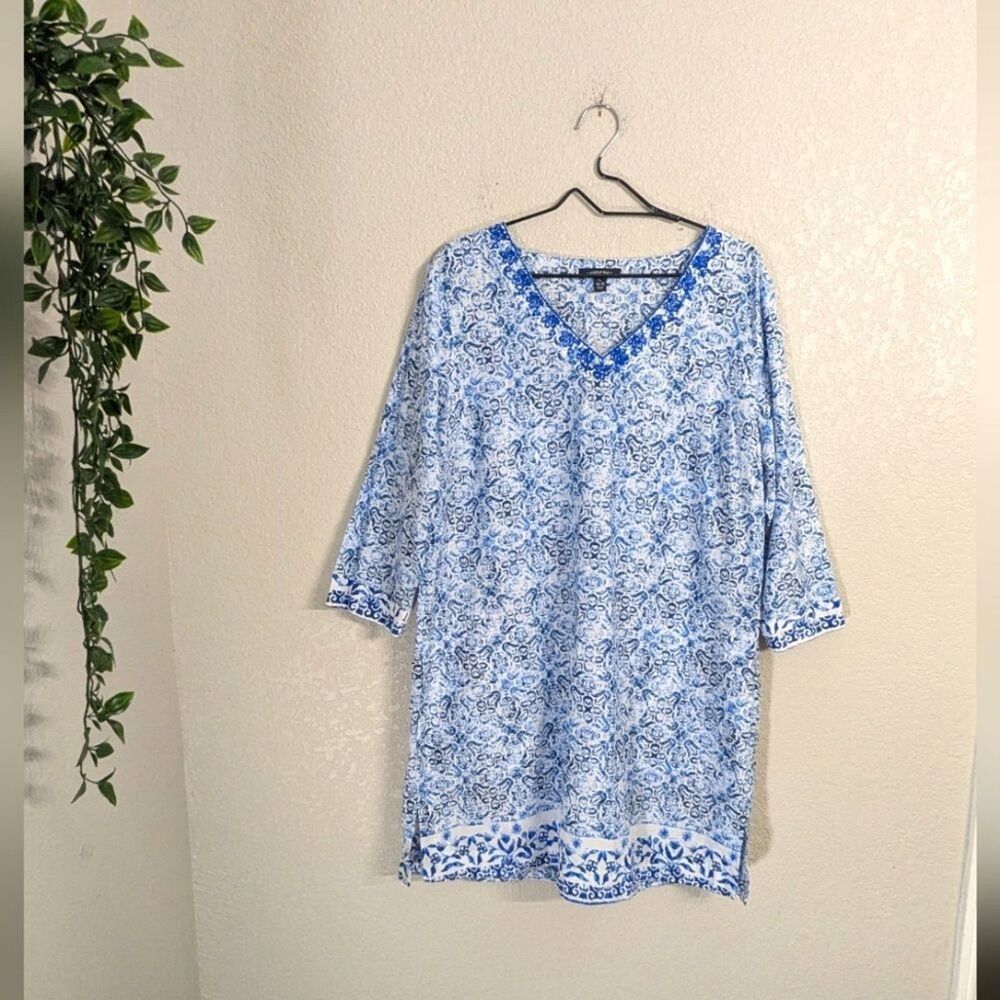 Lands' End Blue White Cover-Up Shift Dress Sz L Long Sleeve Pockets Lightweight